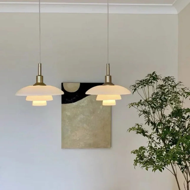 Suspension danoise en verre à 3 couches blanc, or, argent – design nordique élégant