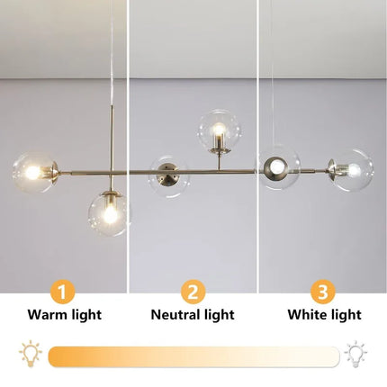 Suspension linéaire moderne à 6 globes en verre laiteux, ambiance chaleureuse