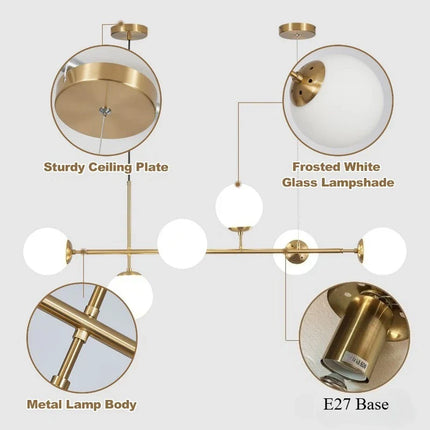 Suspension linéaire moderne à 6 globes en verre laiteux, ambiance chaleureuse