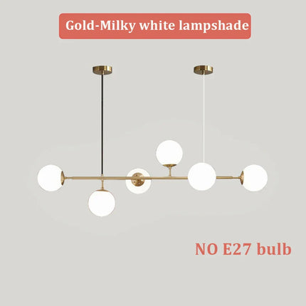 Suspension linéaire moderne à 6 globes en verre laiteux, ambiance chaleureuse