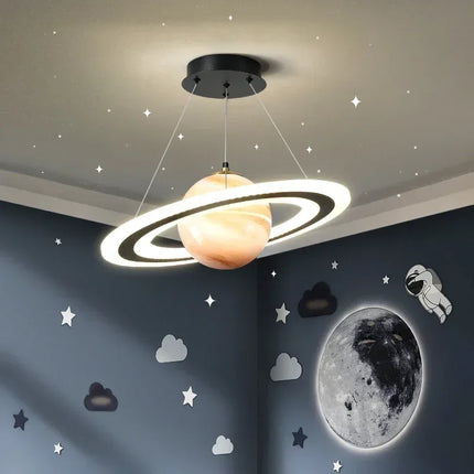 Suspension LED Nordique Planète en Fer et Verre, Lumière Chaude, Décor Salon et Chambre Enfant