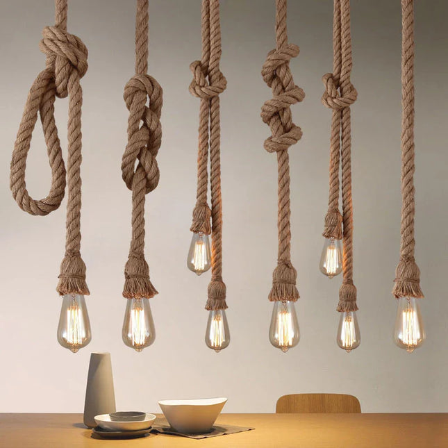 Suspension vintage en corde de chanvre, style industriel loft, éclairage E27 chaleureux