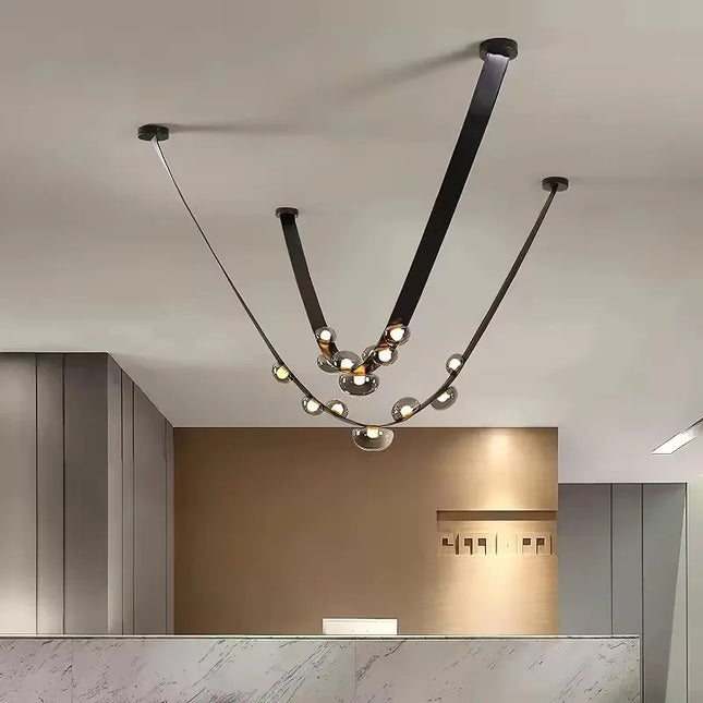 Suspension LED moderne en verre fumé et cuir, éclairage intérieur design