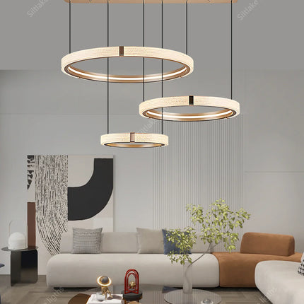 Suspension lustre anneau rond moderne en aluminium lumière chaude pour salon et chambre
