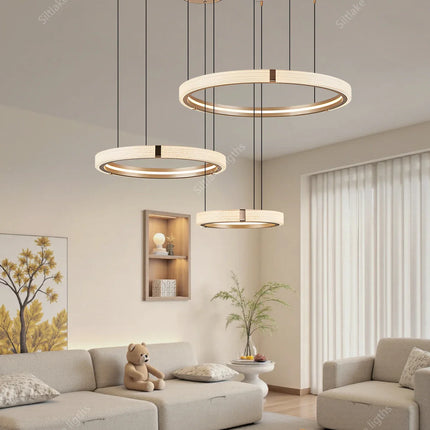 Suspension lustre anneau rond moderne en aluminium lumière chaude pour salon et chambre