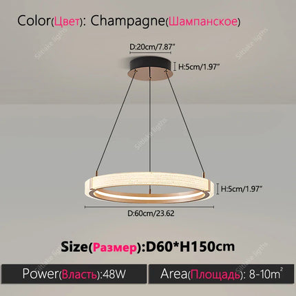 Suspension lustre anneau rond moderne en aluminium lumière chaude pour salon et chambre