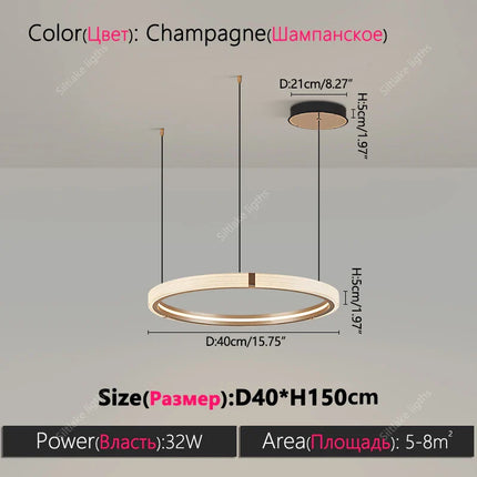 Suspension lustre anneau rond moderne en aluminium lumière chaude pour salon et chambre