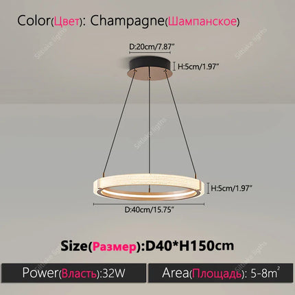 Suspension lustre anneau rond moderne en aluminium lumière chaude pour salon et chambre