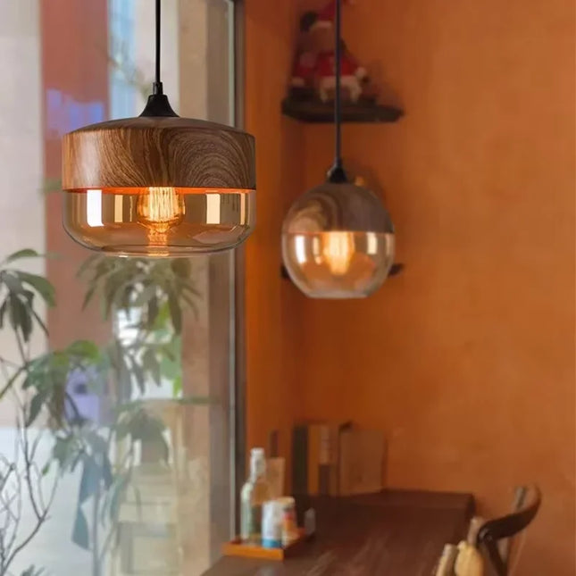 Suspension verre vintage nordique bois, éclairage chaleureux pour cuisine et salon