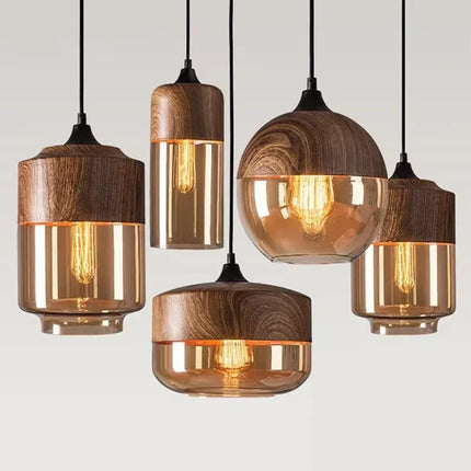 Suspension verre vintage nordique bois, éclairage chaleureux pour cuisine et salon